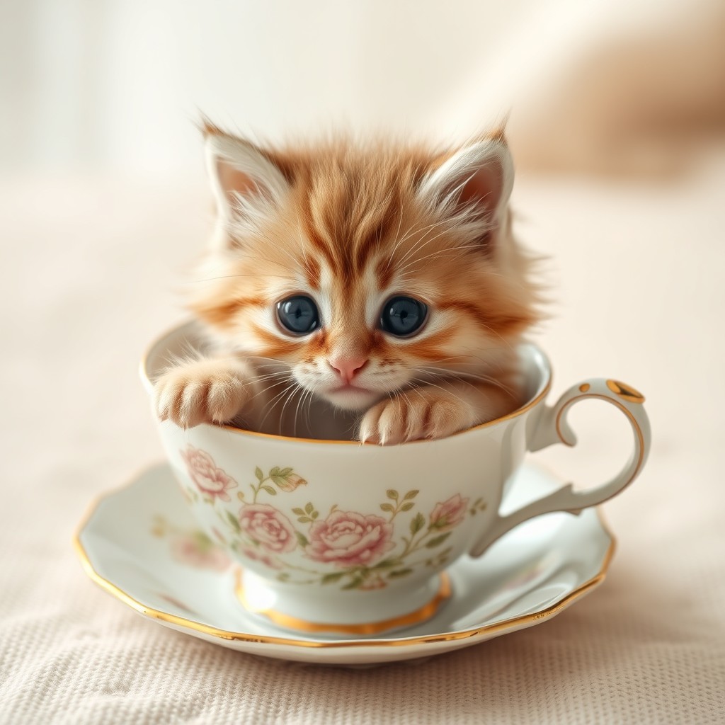 A raw photograph capturing a cute, fluffy kitten comfortably nestled inside a delicate teacup