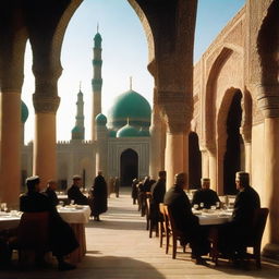 The iconic cafe scene from the movie 'Heat', set in the historic city of Khiva, Uzbekistan, displaying blurred background of distinguished minarets and mosques, with a chilly and slightly menacing ambiance observable in the waiters' demeanor.