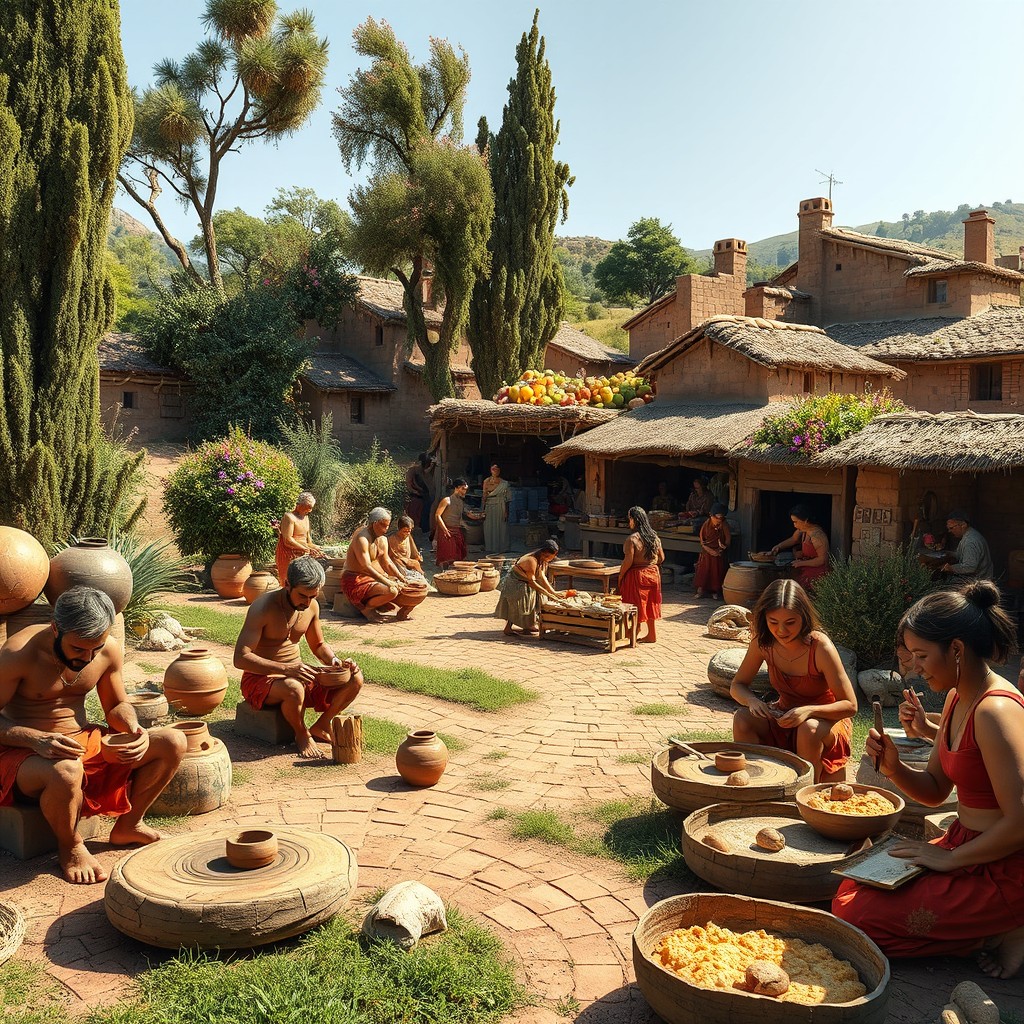 A vibrant scene depicting daily life in Godin Tepe circa 3000 BC, showcasing a lush and prosperous village