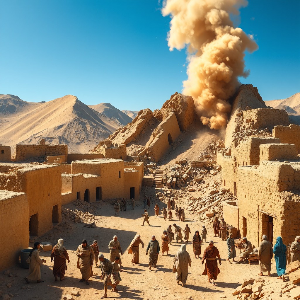 An ancient village set in the Zagros Mountains around 3000 BCE, showcasing adobe (mud-brick) houses standing under a bright blue sky