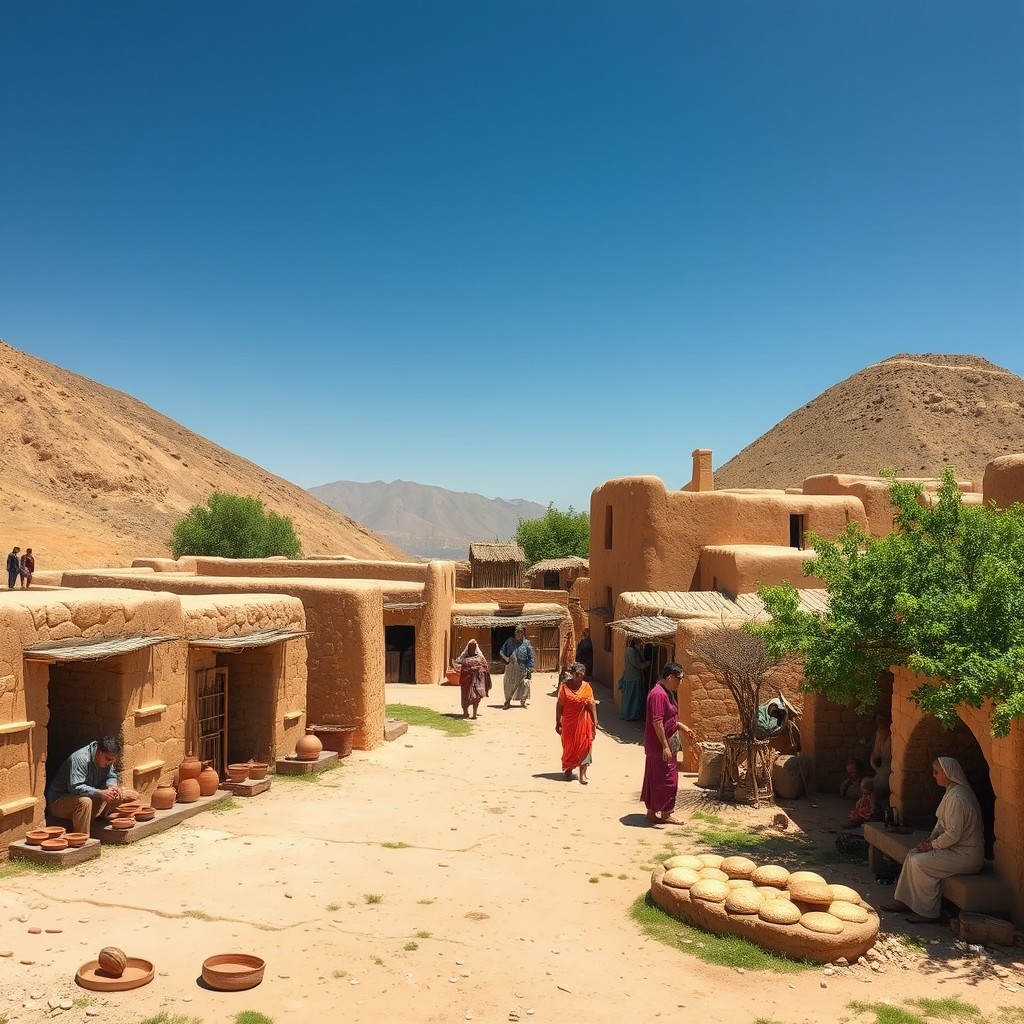 An ancient village in the Zagros Mountains around 3000 BCE, featuring traditional adobe mud-brick houses standing quietly under a bright blue sky