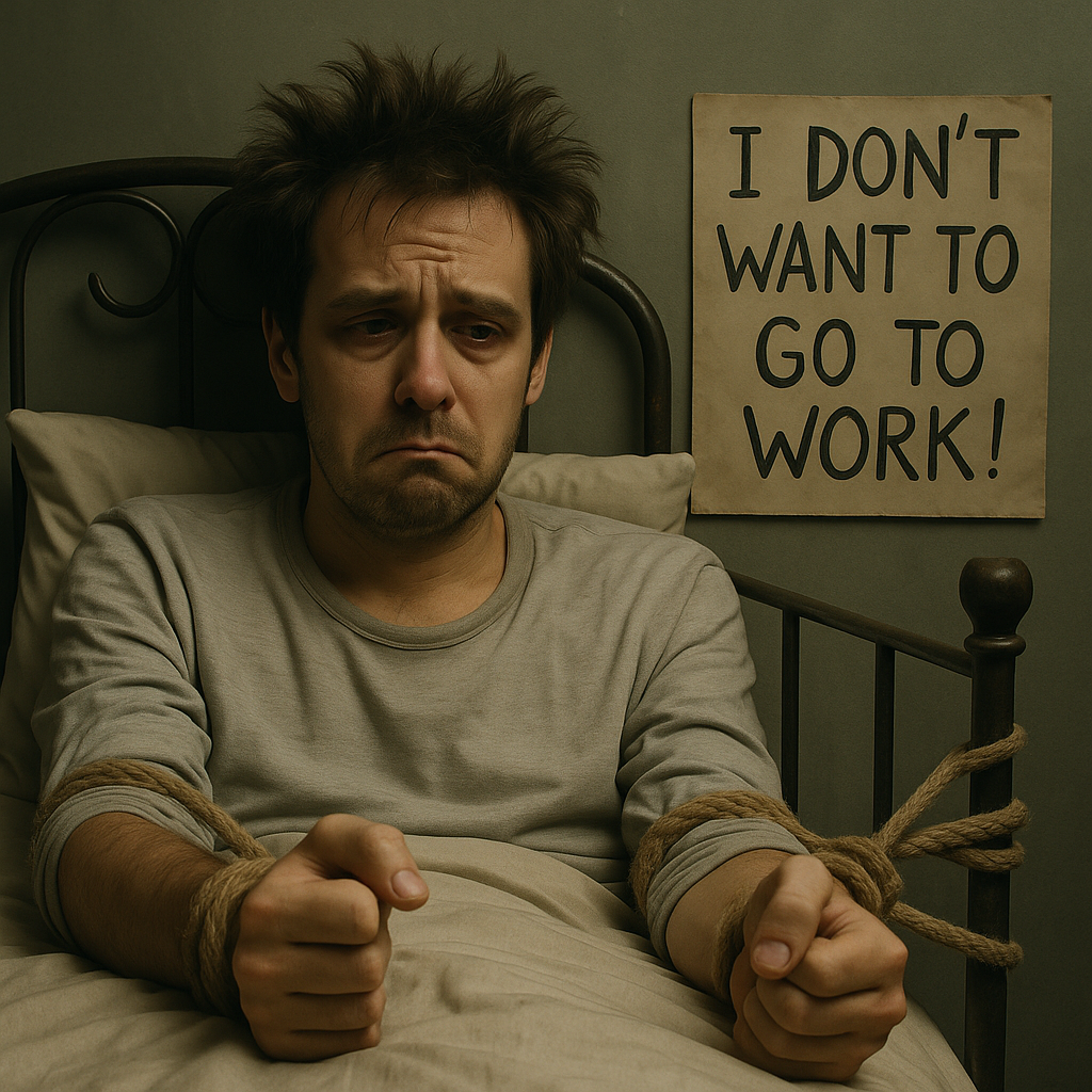 Foto realistica. Questo personaggio legato al letto, volto triste. Cartello con scritto: Non voglio andare a lavoro!
