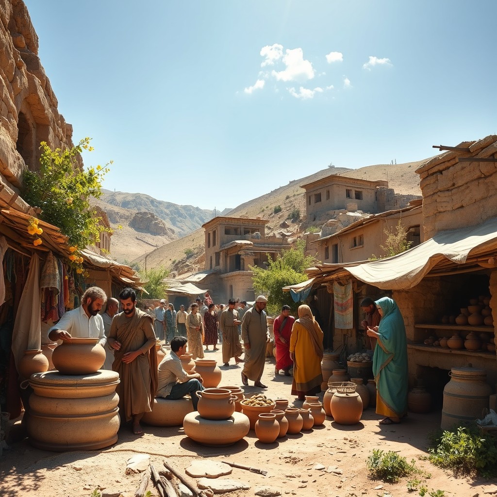 An ancient village in the Zagros Mountains, around 3000 BCE, under a bright blue sky