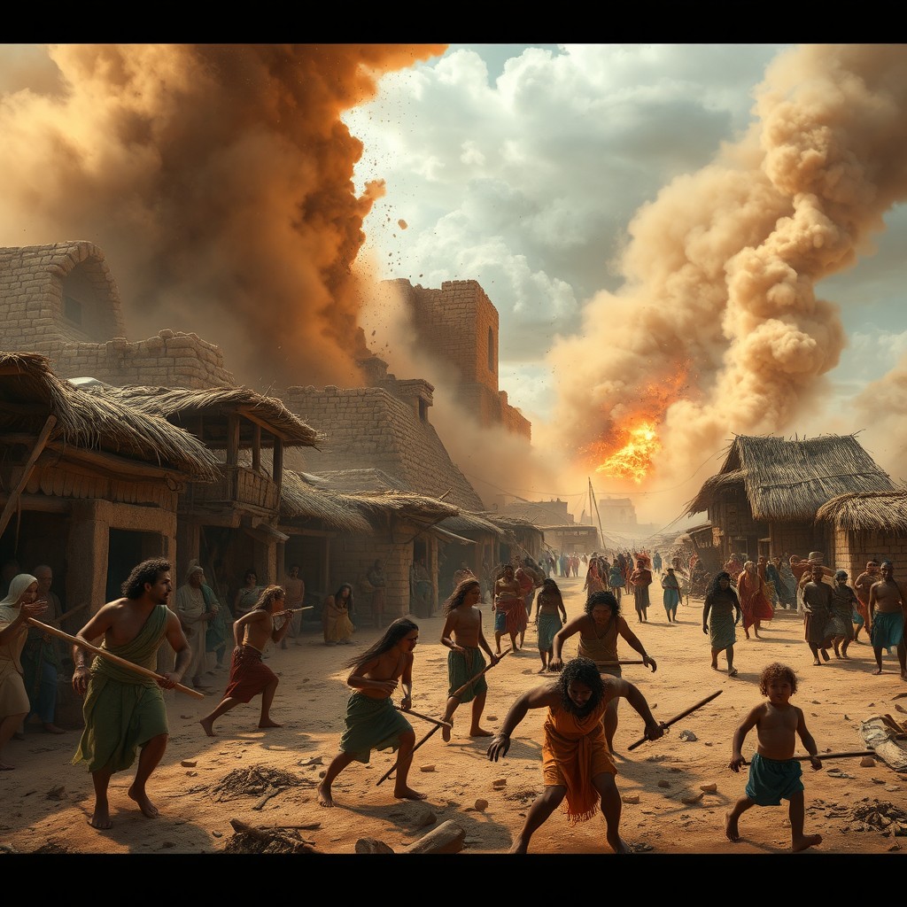 A dramatic scene depicting life in Godin Tepe in 3000 BC, showcasing a bustling settlement with people engaged in various daily activities, such as farming and crafting