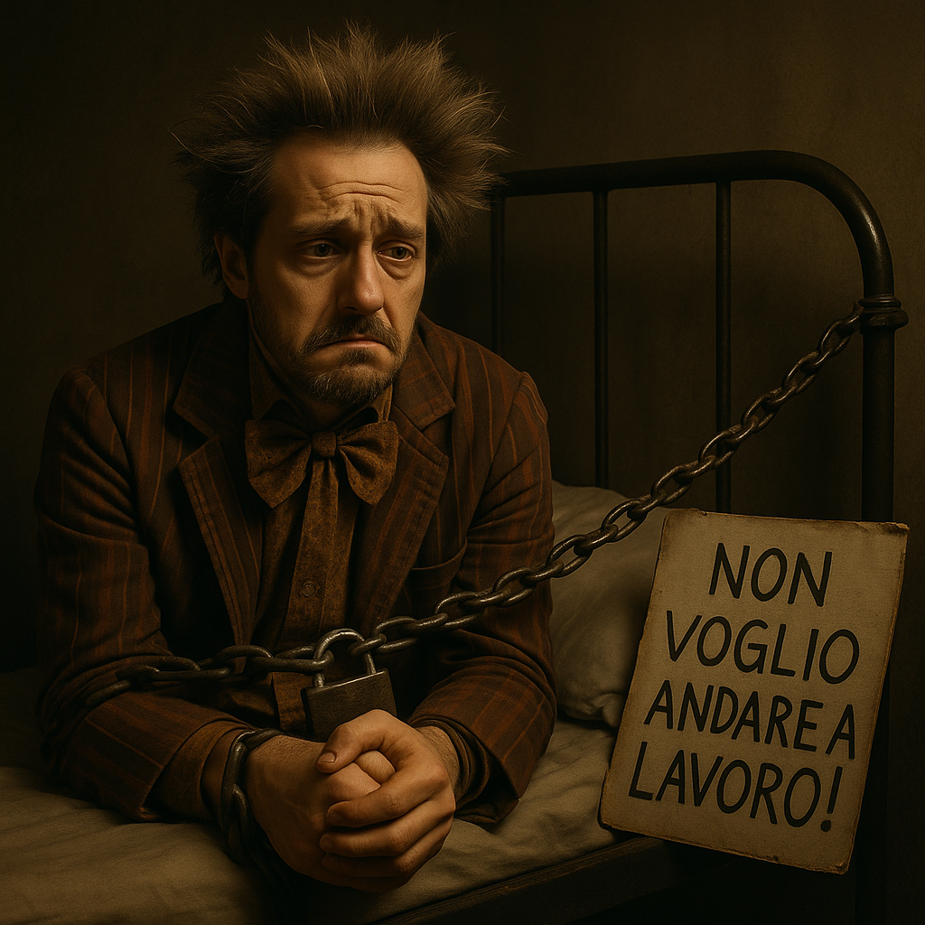 Foto realistica. Questo personaggio con gli stessi connotati incatenato al letto, volto triste. Cartello con scritto: Non voglio andare a lavoro!