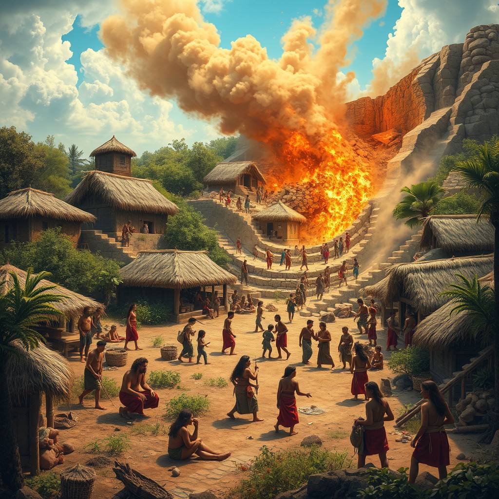 A vibrant and lush village scene set in 3000 BC, depicting the daily lives of people in Godin Tepe
