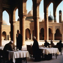 The iconic cafe scene from the movie 'Heat', set in the historic city of Khiva, Uzbekistan, displaying blurred background of distinguished minarets and mosques, with a chilly and slightly menacing ambiance observable in the waiters' demeanor.