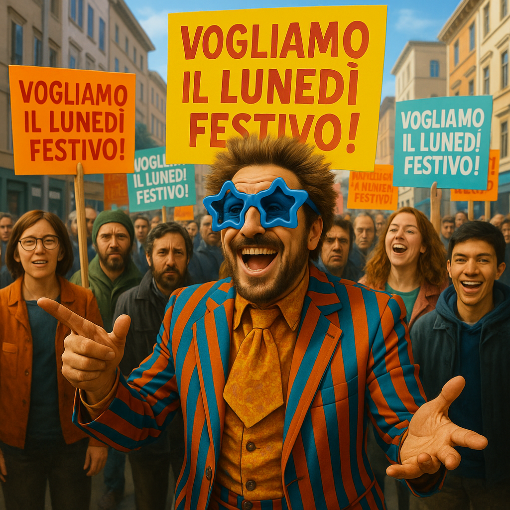 Foto realistica di questo personaggio in una protesta in strada con tante altre persone. Sui cartelli della protesta: Voogliamo il Lunedì festivo