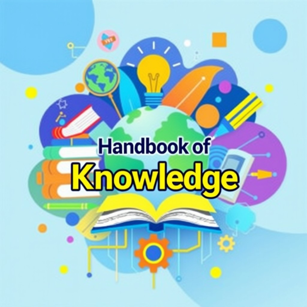A vibrant and engaging handbook cover design featuring a mix of educational elements such as books, a globe, and a light bulb symbolizing knowledge and learning