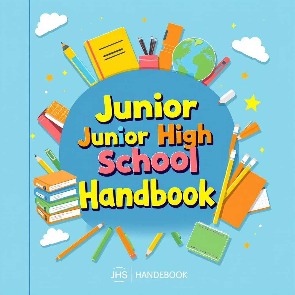 An eye-catching handbook cover design for a Junior High School (JHS) featuring a dynamic layout that represents youth and education