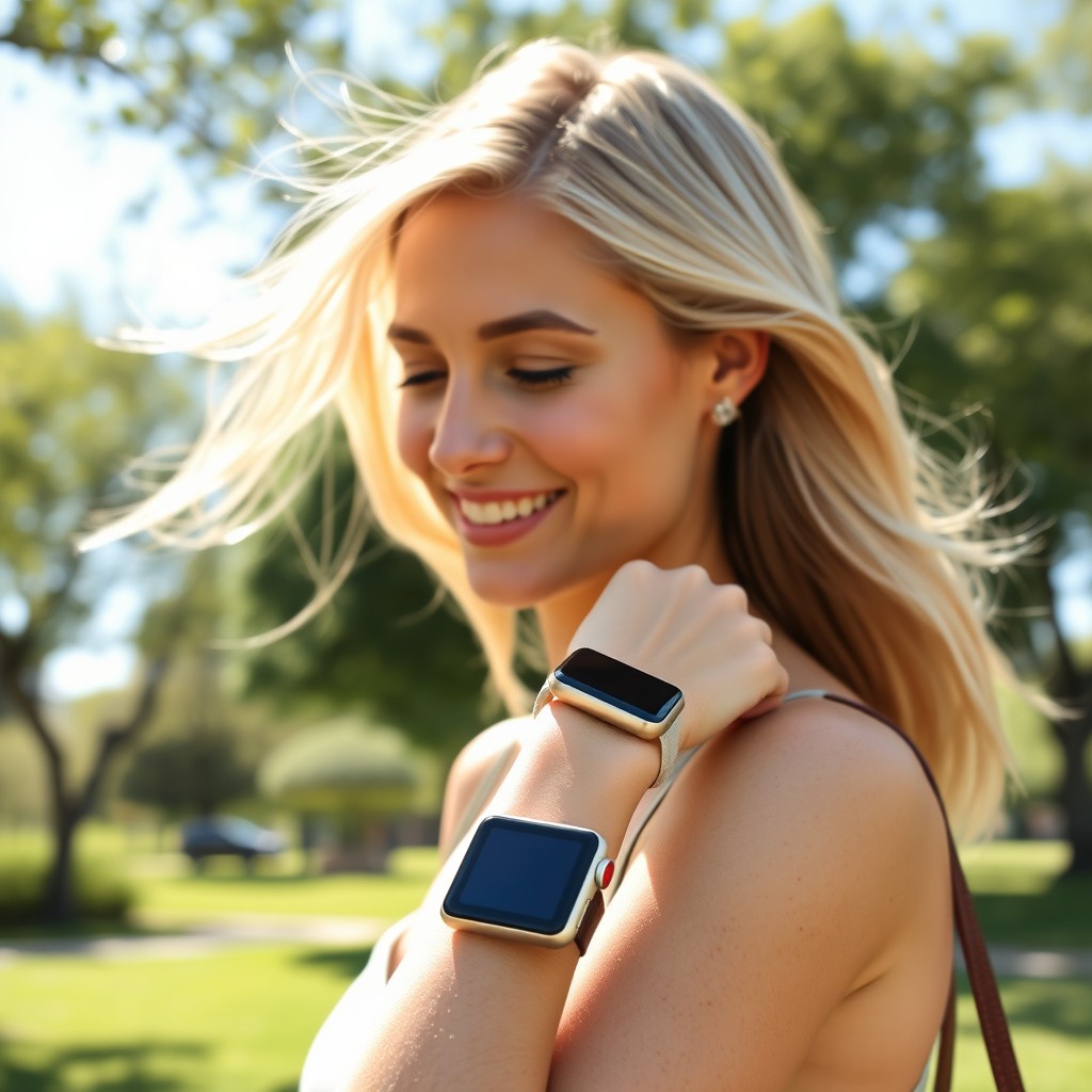 A fashionable blonde woman wearing a stylish brown Apple Watch on her wrist