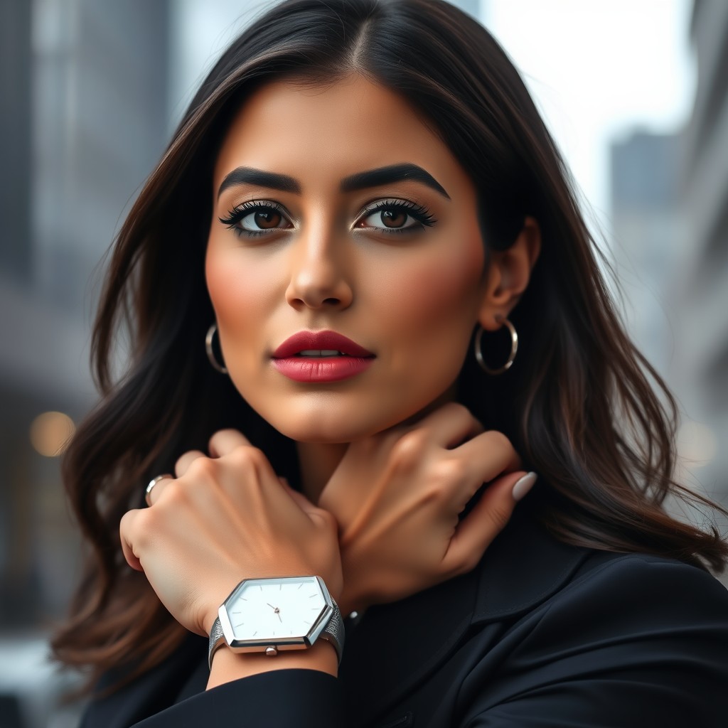A portrait of a stylish brunette woman elegantly wearing a white square watch