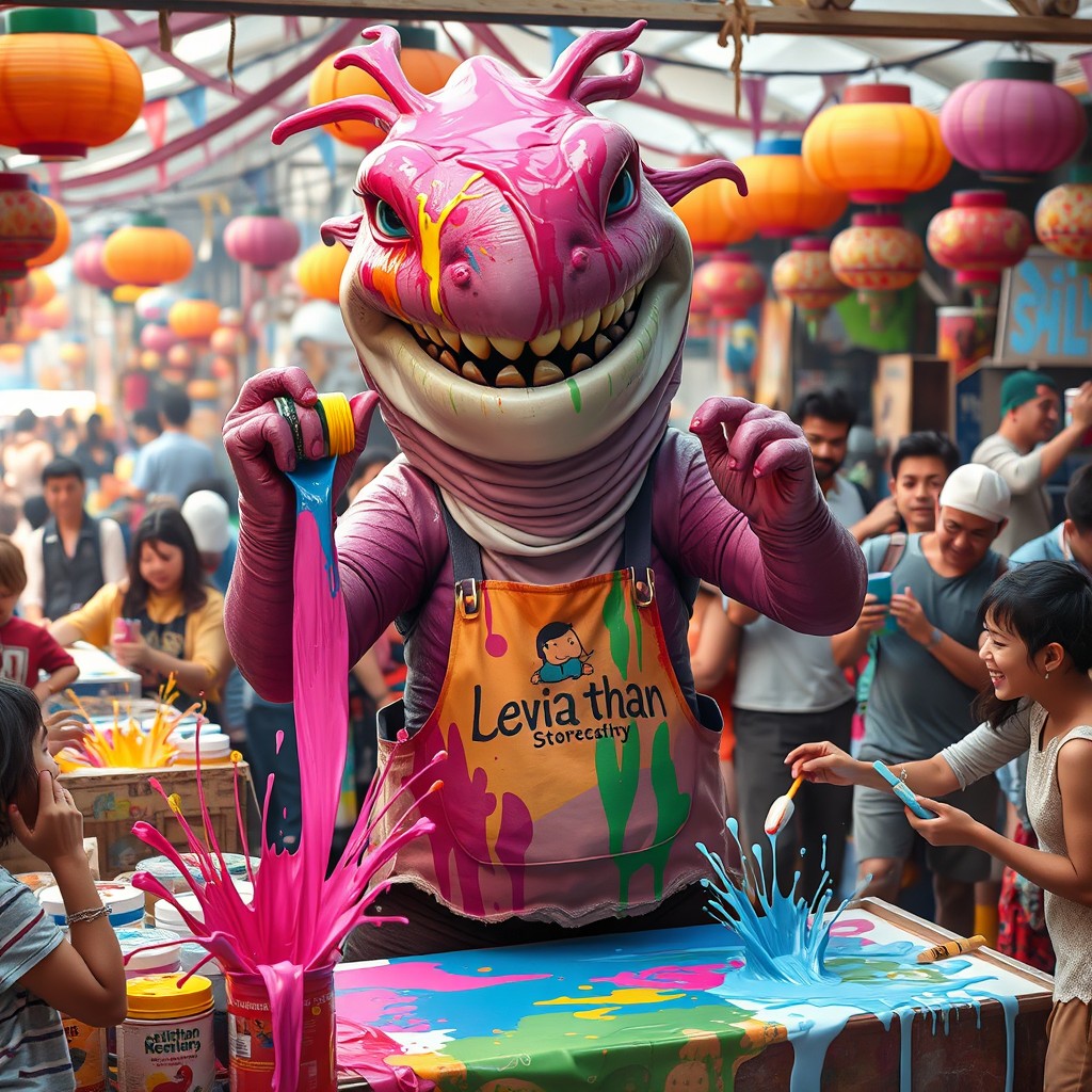 The final generation pouring paint on a Leviathan creature, depicted as a shopkeeper in a market stall