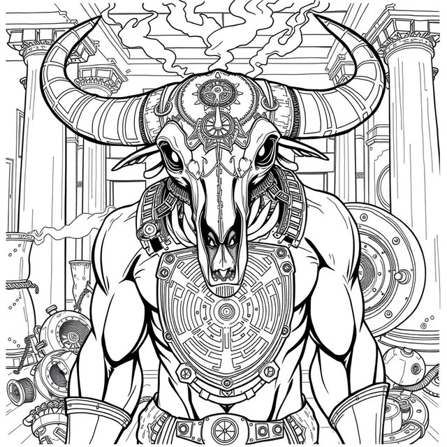 A black and white line art coloring page featuring a steampunk minotaur