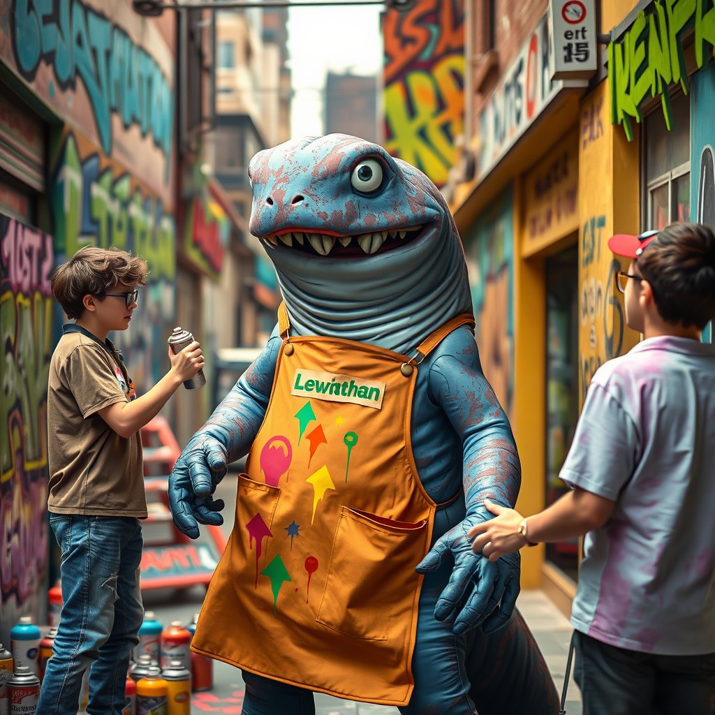 A vibrant scene depicting the last generation painting graffiti on a Leviathan creature, which is humorously dressed as a store clerk from a fictional store named Lewiatan