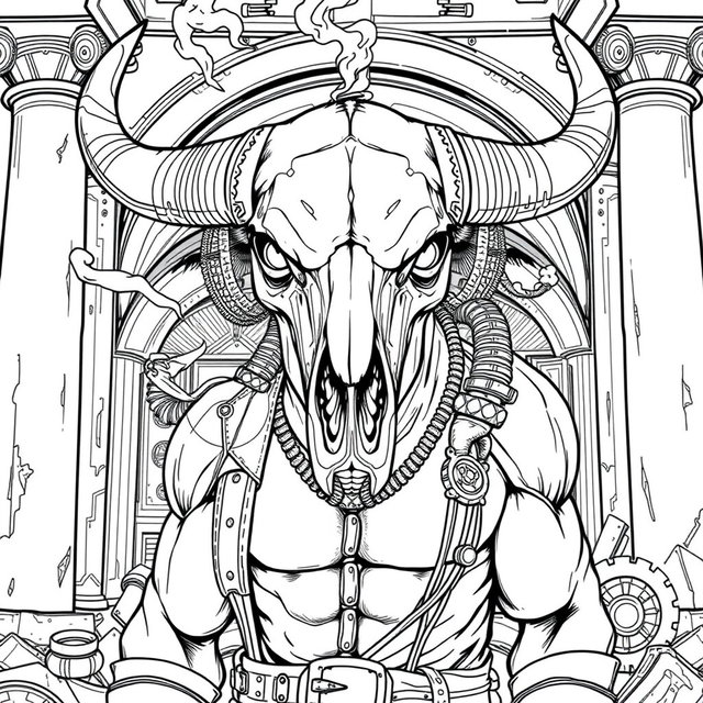 A detailed black and white line art coloring page of a steampunk minotaur