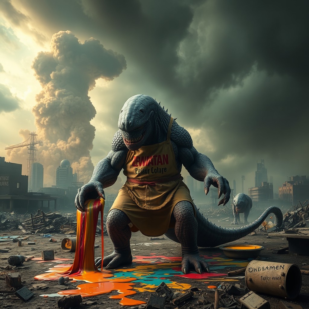 A dramatic and intense scene depicting the aftermath of a nuclear war, where the last generation is pouring paint as a form of protest or expression