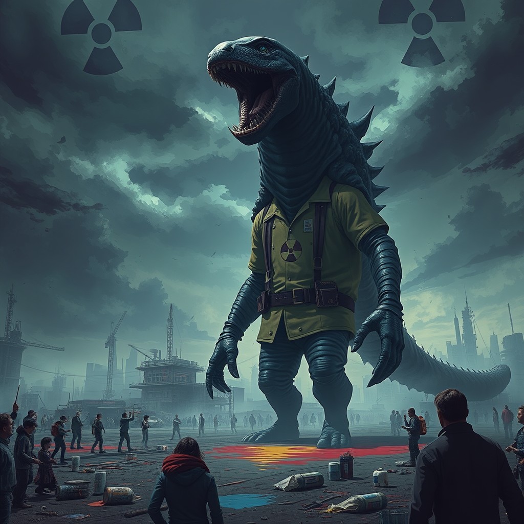 A sprawling post-apocalyptic scene depicting the Last Generation, with people pouring paint in the background