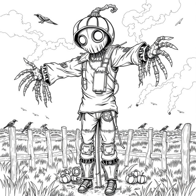 A detailed black and white line art coloring page featuring a creepy steampunk scarecrow automaton