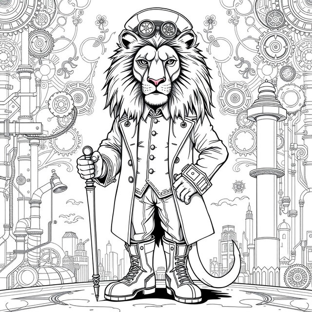 A detailed black and white line art coloring page featuring a regal steampunk lion standing upright like a gentleman