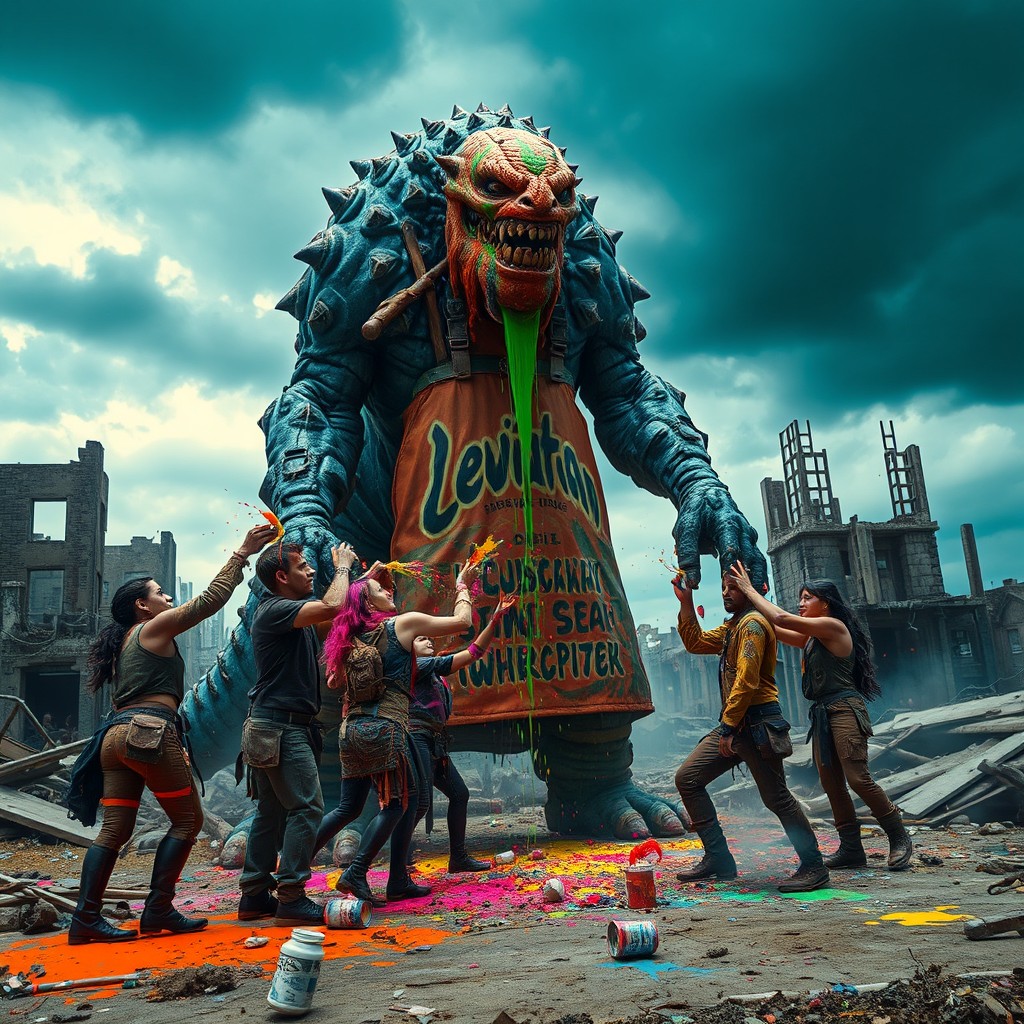 A post-apocalyptic world where a group of people is pouring paint on a giant Leviathan monster dressed in a storekeeper's outfit from a 'Lewiatan' store
