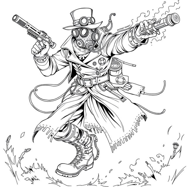A dynamic black and white line art coloring page featuring a steampunk hunter in mid-leap or striking pose