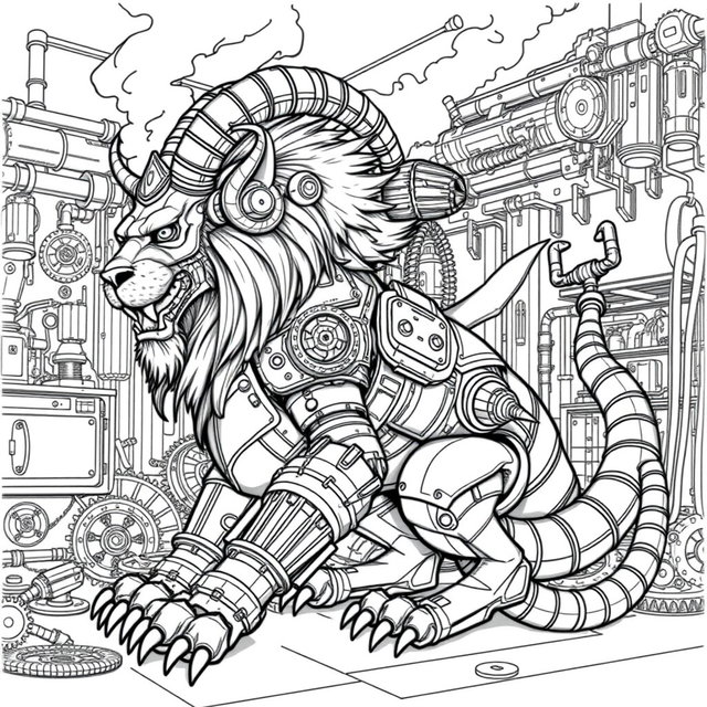A black and white coloring page featuring a monstrous steampunk chimera, which is a hybrid creature with a lion's body reinforced with brass armor