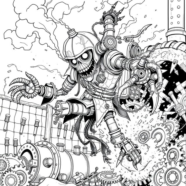 A black and white line art coloring page featuring a terrifying steampunk scarecrow automaton in a dramatic action pose