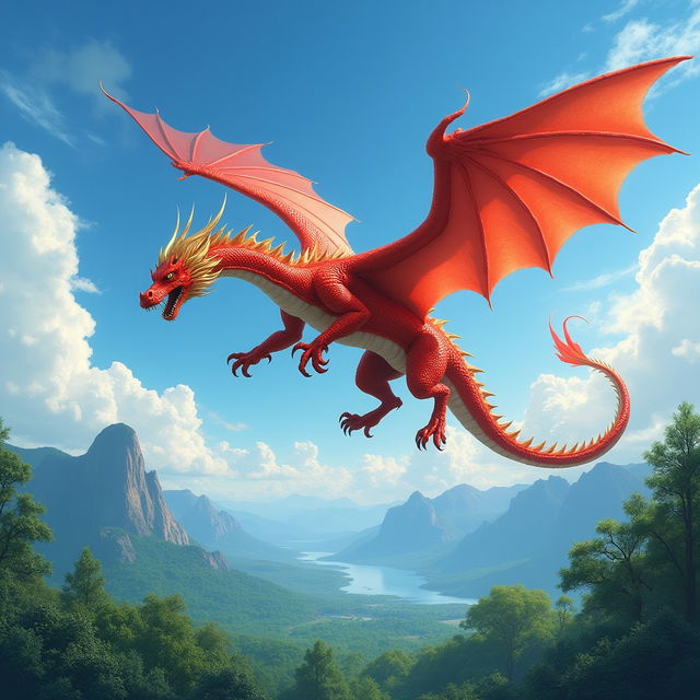 A majestic dragon soaring through a vibrant blue sky, its scales shimmering in the sunlight