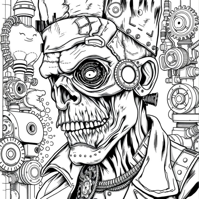 A black and white line art coloring page showcasing a close-up of a grotesque steampunk monster inspired by Frankenstein