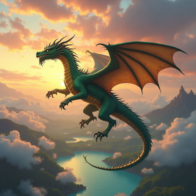A majestic dragon soaring through the clouds, its scales shimmering in hues of emerald green and gold