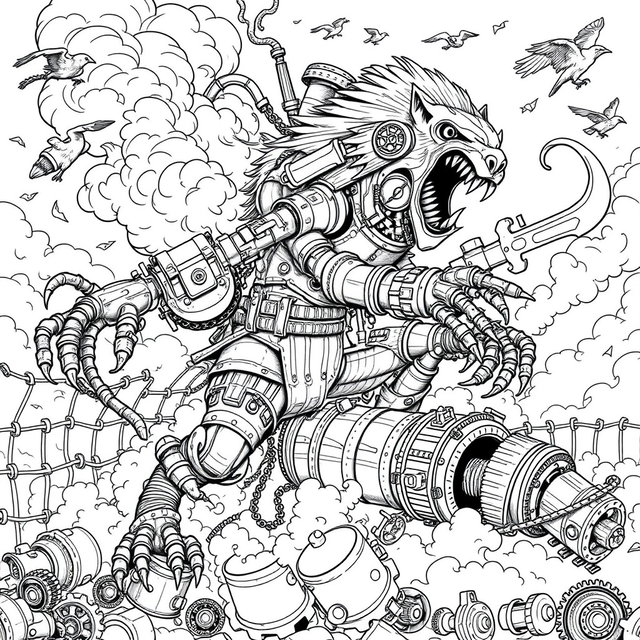 A black and white line art coloring page depicting a terrifying steampunk werewolf automaton in a dramatic action pose