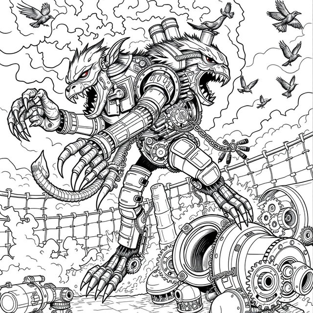 A black and white line art coloring page featuring a terrifying steampunk werewolf automaton in a dramatic action pose