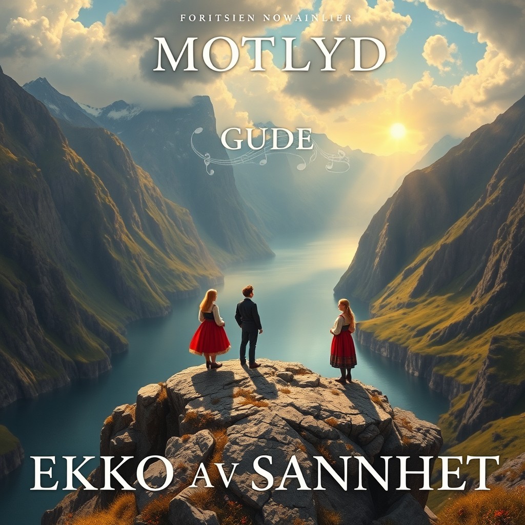 An album cover for MOTLYD titled 'EKKO AV SANNHET' in the style of Tidemand & Gude's grand Norwegian romantic paintings
