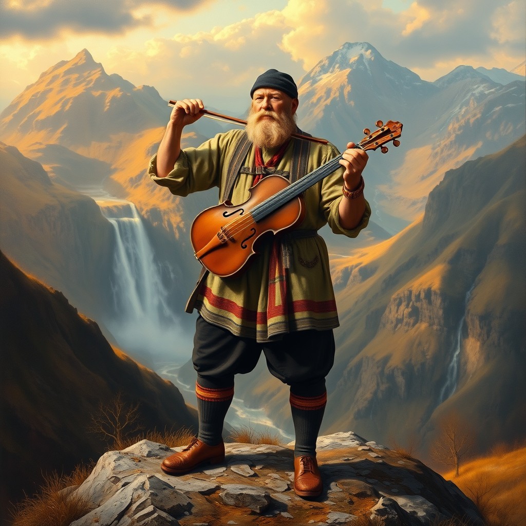 A powerful Norwegian peasant or folk musician figure standing defiantly on a mountain plateau, wearing traditional bunads