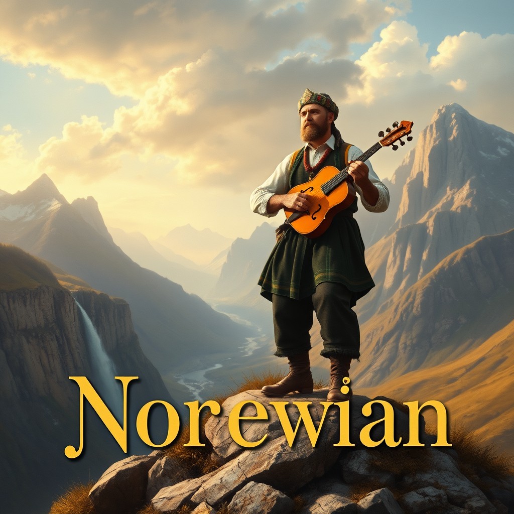 A stunning Tidemand & Gude-style manifesto painting featuring a powerful Norwegian peasant or folk musician figure standing defiantly on a mountain plateau