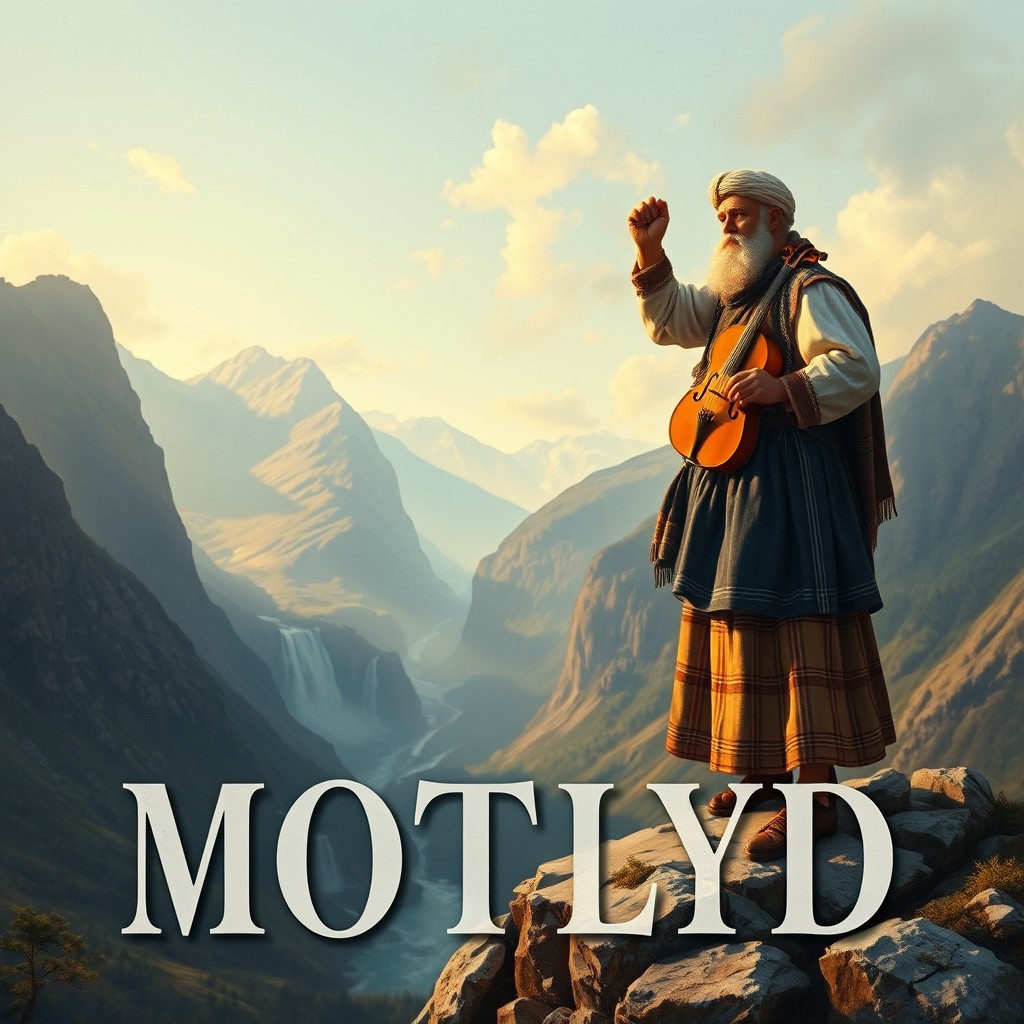 A stunning Tidemand & Gude-style manifesto painting featuring a powerful Norwegian peasant or folk musician figure standing defiantly on a mountain plateau