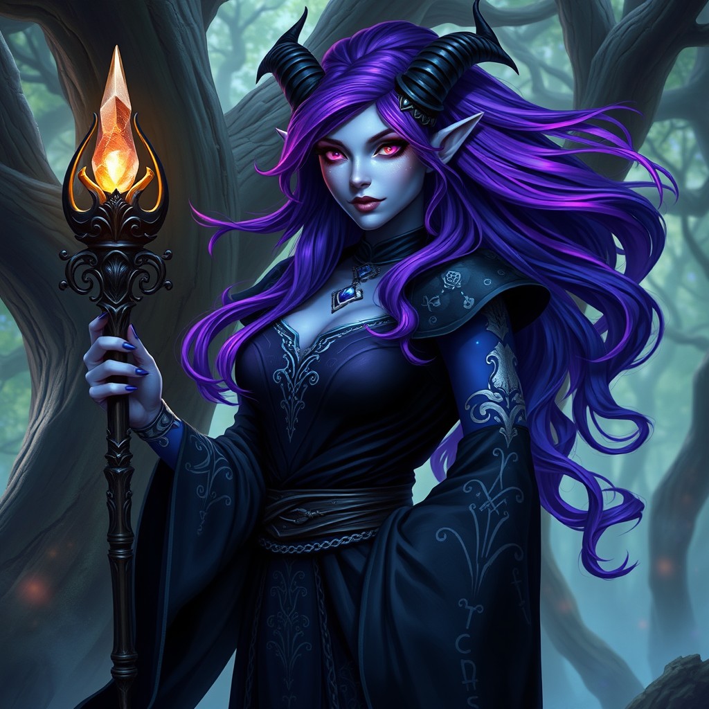 A captivating female tiefling warlock standing confidently in a mystical forest