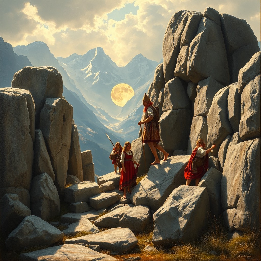 A captivating Norwegian romantic painting in the style of Tidemand & Gude, depicting folk figures breaking through or climbing over ancient stone barriers
