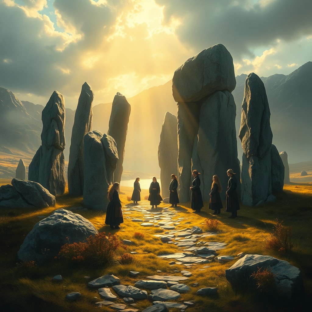 A mystical Norwegian romantic landscape painted in the style of Gude, with the addition of Tidemand's character work