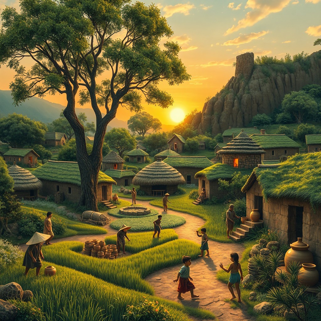 A vibrant scene depicting life in ancient Sialk, 5,000 years ago, showcasing a lush green city filled with mud-brick houses