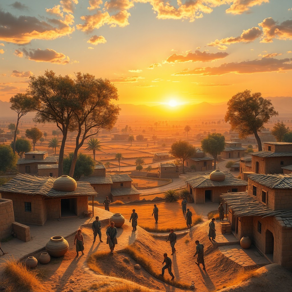 A vibrant, lush city of ancient Sialk 5,000 years ago, showcasing mud-brick houses and fields with farmers dressed in simple wool clothing