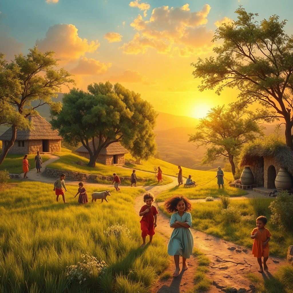 A vibrant scene depicting life in ancient Sialk 5,000 years ago, featuring lush green landscapes with mud-brick houses