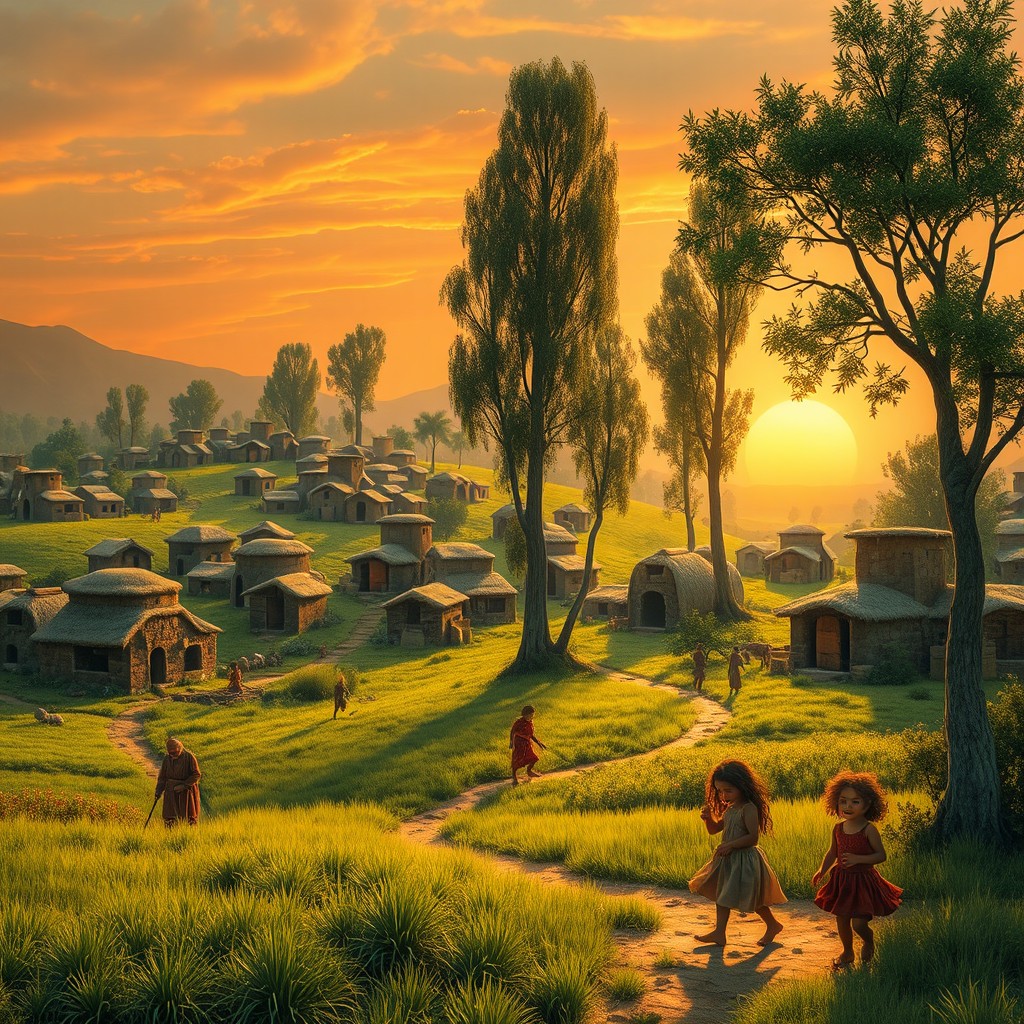 A scene depicting life in ancient Sialk, 5,000 years ago, showing a lush green city with numerous mud-brick houses