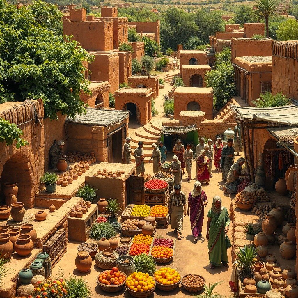 A vibrant scene set in ancient Sialk, 5,000 years ago, showcasing a lively and beautiful city with mud-brick buildings surrounded by lush greenery