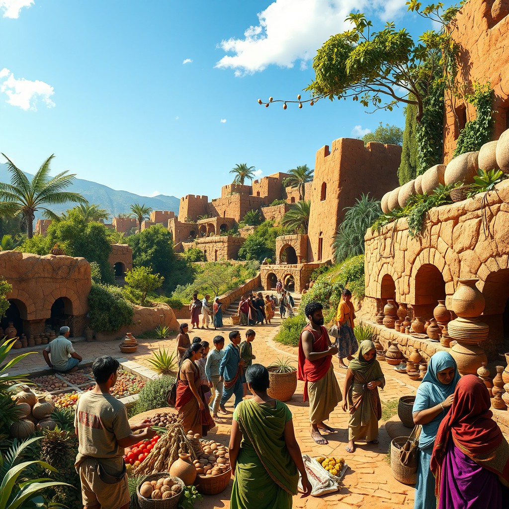 A vibrant scene in ancient Sialk, 5,000 years ago, depicting a lush and beautiful city with mud-brick buildings surrounded by greenery