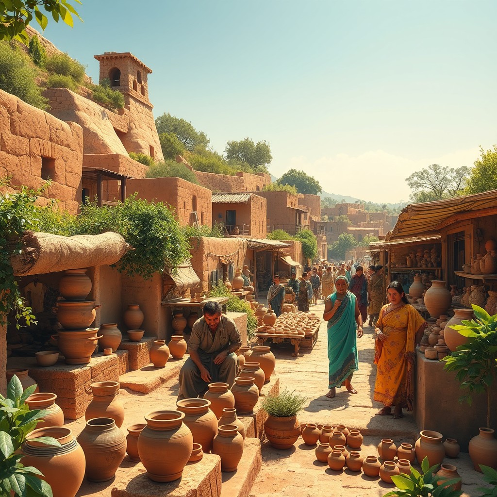 A vibrant scene depicting life in ancient Sialk, 5,000 years ago, showcasing a lush and beautiful city with traditional mud-brick buildings surrounded by rich greenery
