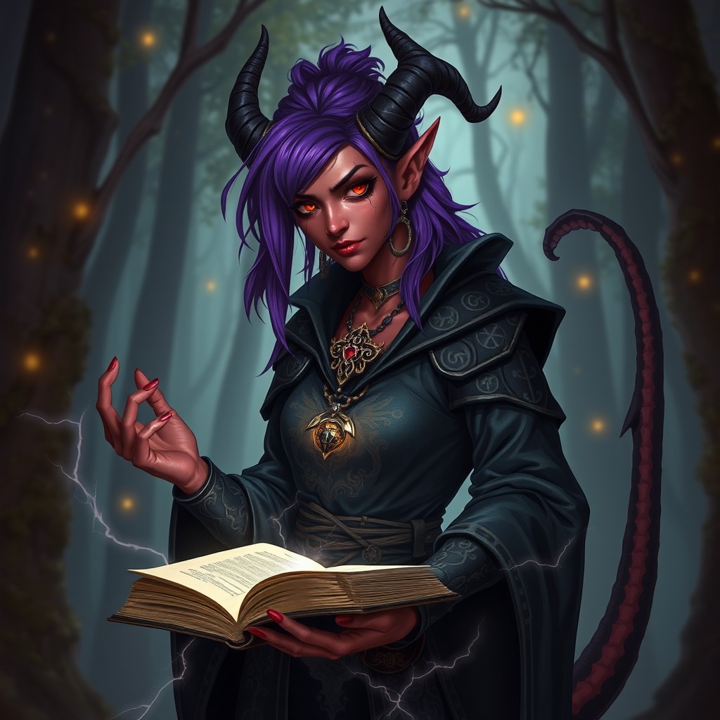 A female tiefling warlock with striking purple hair, her skin a rich shade of deep red