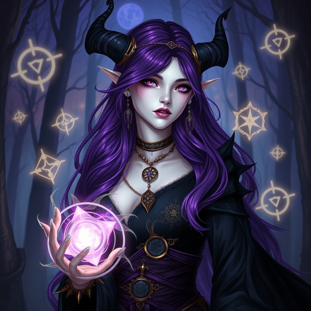 A female tiefling warlock with striking purple hair cascading down her shoulders, her pale skin giving her an ethereal appearance
