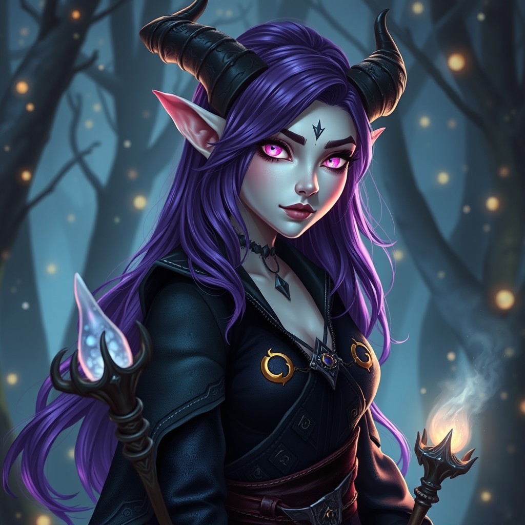 A stunning female tiefling warlock with striking purple hair cascading down her shoulders, her pale skin glowing softly in the light